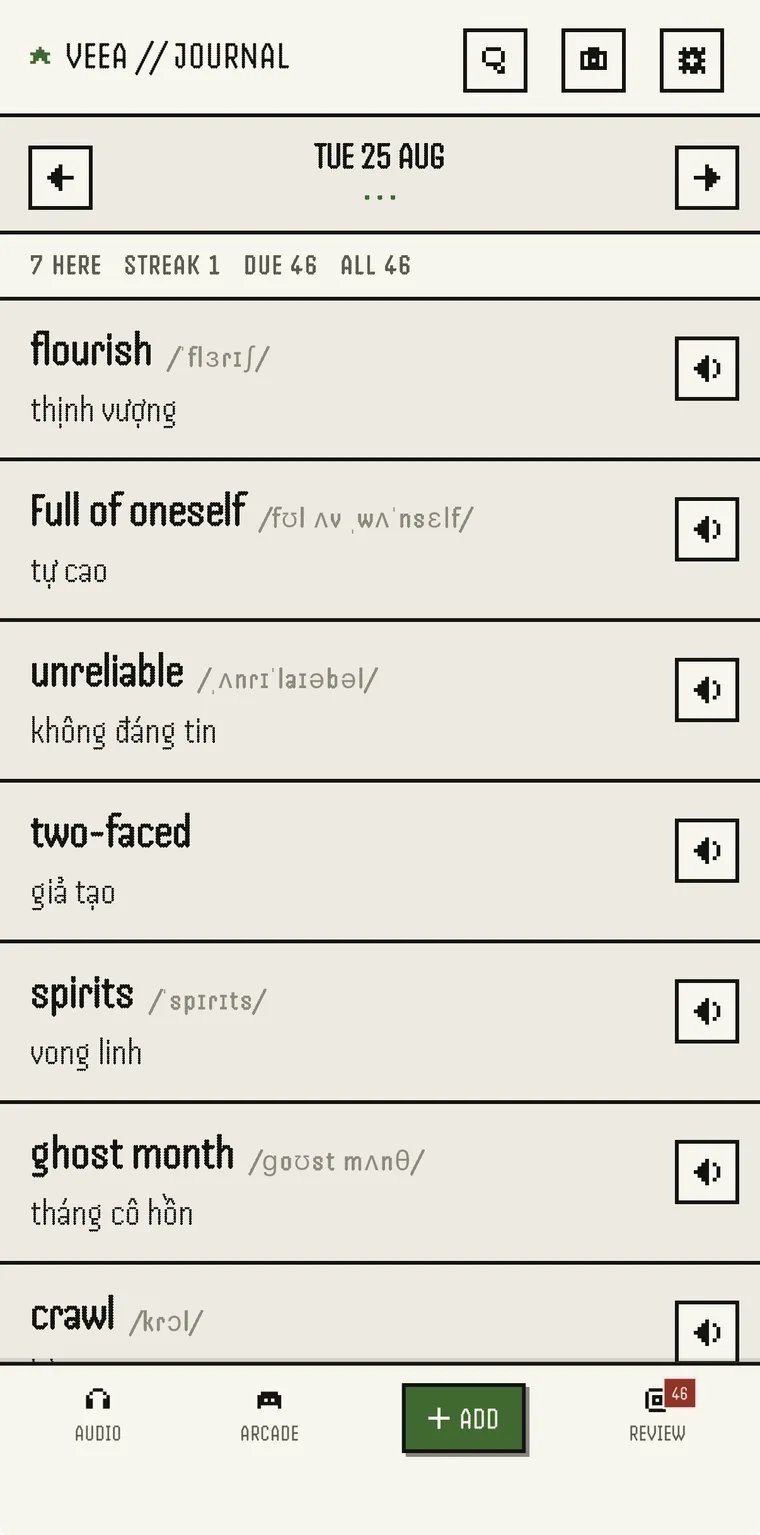 The Veea journal for a day, listing each word with its phonetic spelling, its Vietnamese meaning and a speaker button