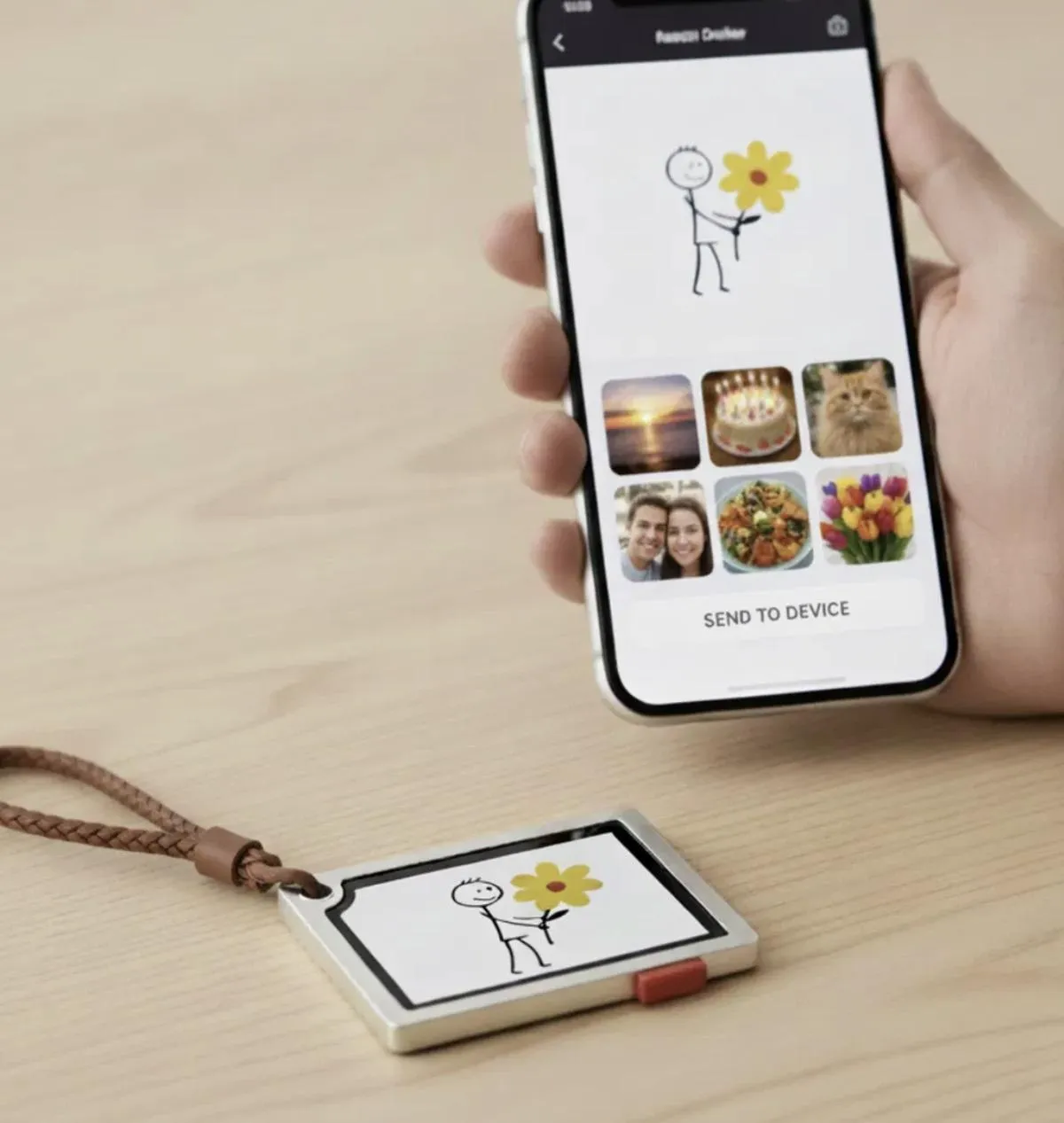 E-ink tracking tag concept next to a phone